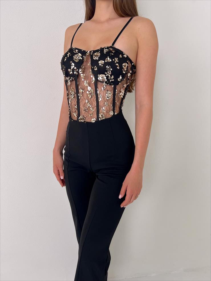 Askılı Transparan Korse Görünümlü Önü Taşlı Merg Kadın Siyah Tulum 23Y000081