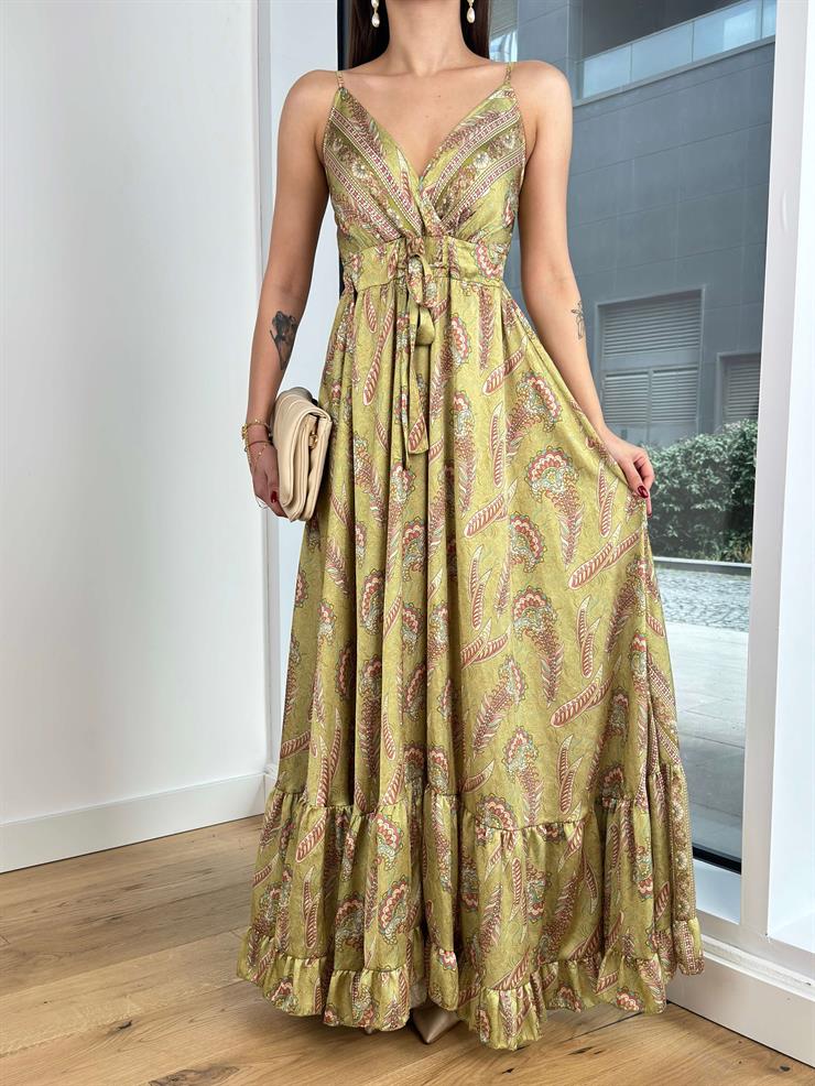 Askılı V Yaka Önü Bağlama Detaylı Eteği Volanlı Harold Kadın Desenli Yeşil Elbise 23Y000554