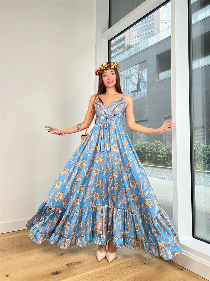 Askılı V Yaka Önü Bağlama Detaylı Eteği Volanlı Harold Kadın Desenli Mavi Elbise 23Y000554