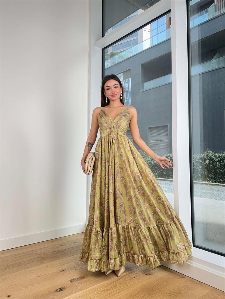 Askılı V Yaka Önü Bağlama Detaylı Eteği Volanlı Harold Kadın Desenli Yeşil Elbise 23Y000554