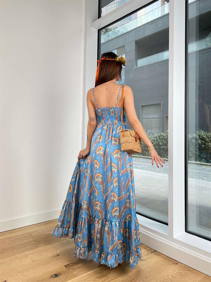 Askılı V Yaka Önü Bağlama Detaylı Eteği Volanlı Harold Kadın Desenli Mavi Elbise 23Y000554