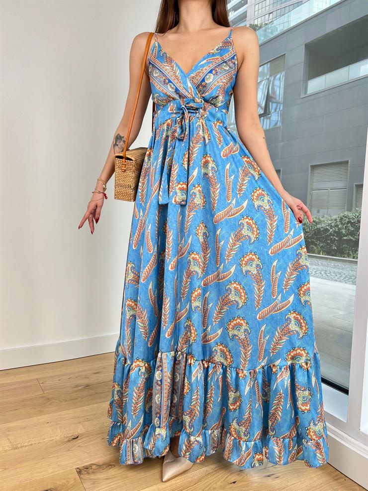 Askılı V Yaka Önü Bağlama Detaylı Eteği Volanlı Harold Kadın Desenli Mavi Elbise 23Y000554