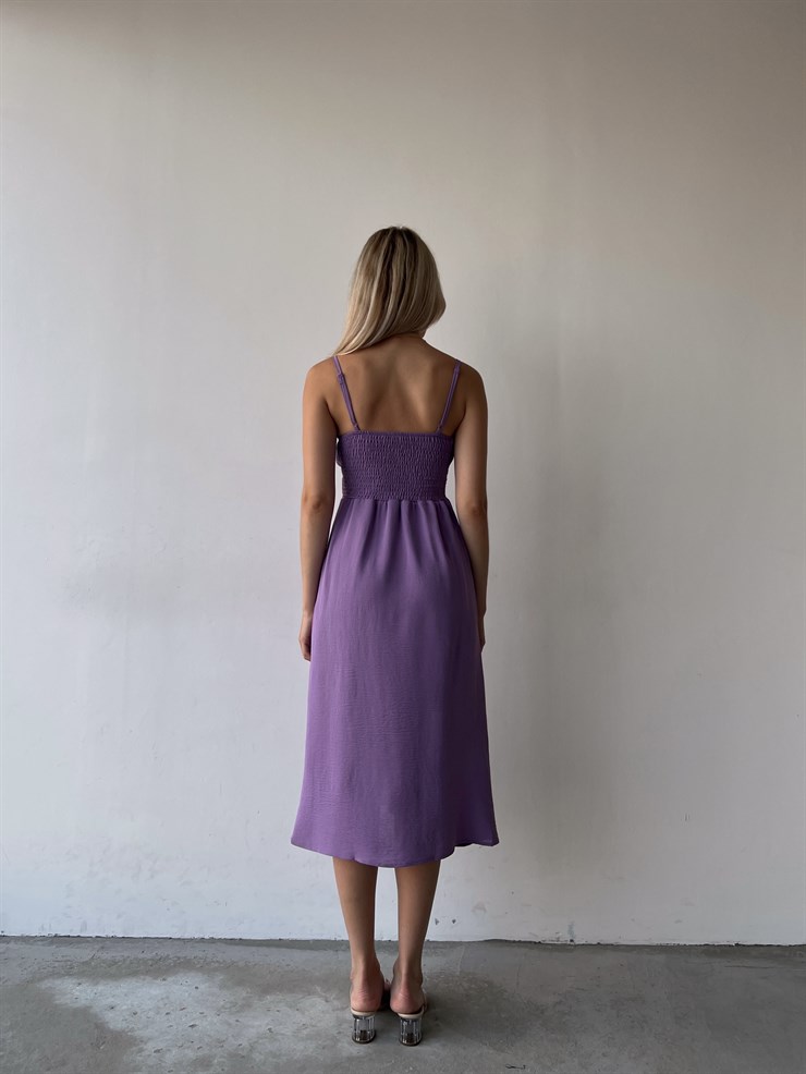 Askılı Yakası Büzgülü Bağcıklı Corinne Kadın Mor Midi Elbise 22Y000073