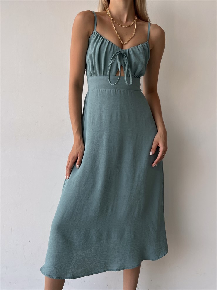 Askılı Yakası Büzgülü Bağcıklı Corinne Kadın Mint Renk Midi Elbise 22Y000073