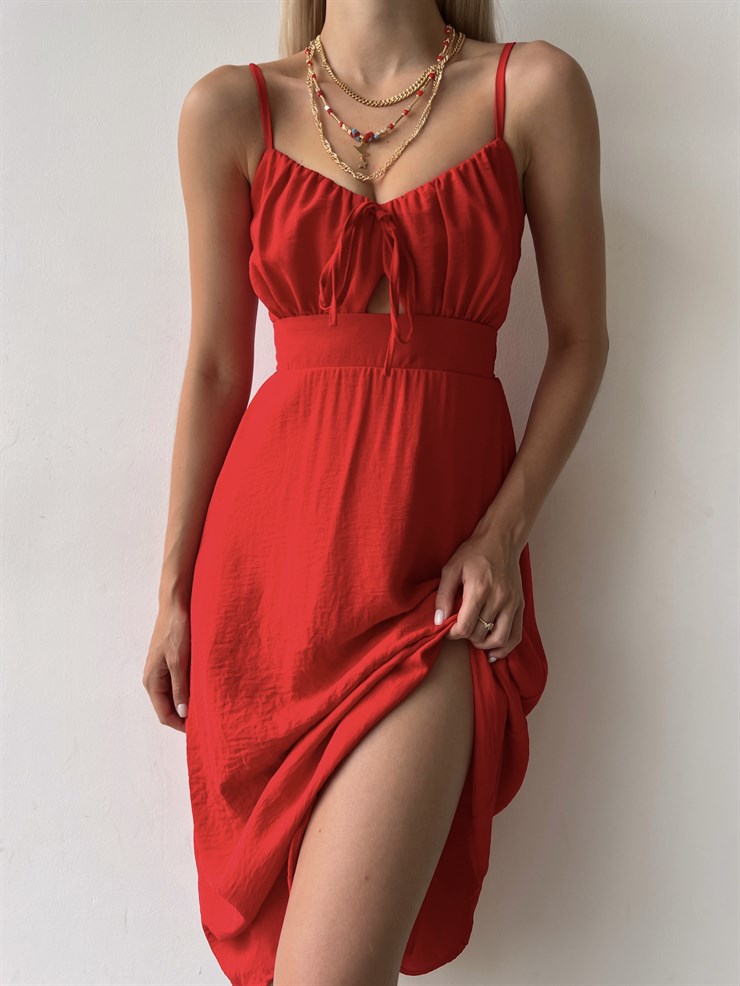 Askılı Yakası Büzgülü Bağcıklı Corinne Kadın Kırmızı Midi Elbise 22Y000073