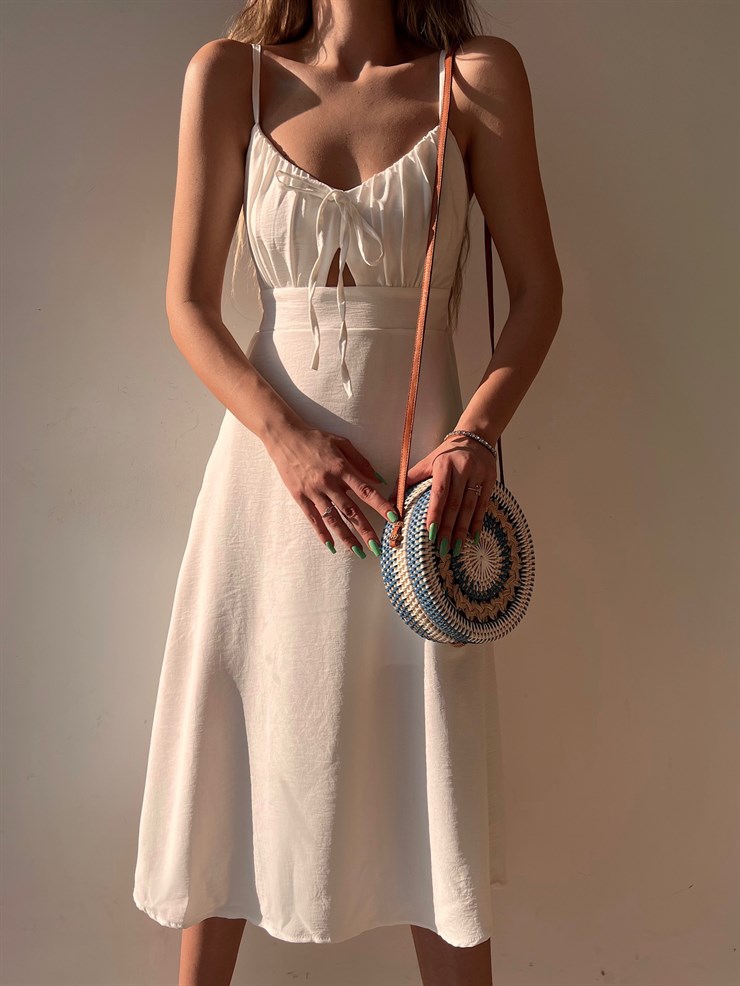 Askılı Yakası Büzgülü Bağcıklı Corinne Kadın Beyaz Midi Elbise 22Y000073