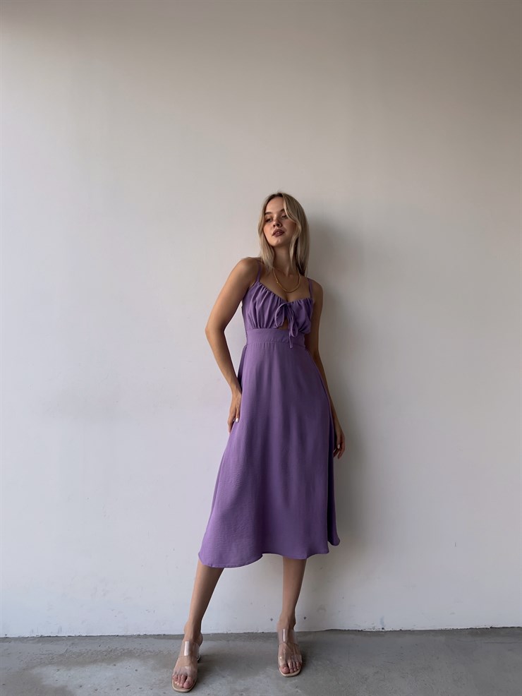 Askılı Yakası Büzgülü Bağcıklı Corinne Kadın Mor Midi Elbise 22Y000073