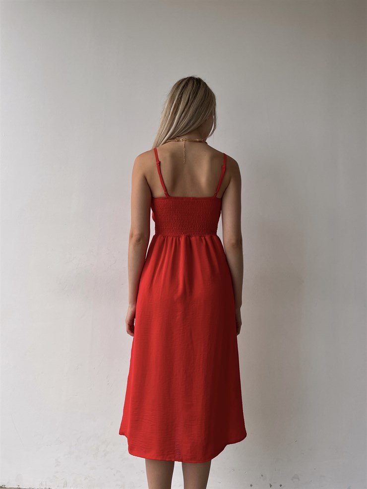 Askılı Yakası Büzgülü Bağcıklı Corinne Kadın Kırmızı Midi Elbise 22Y000073