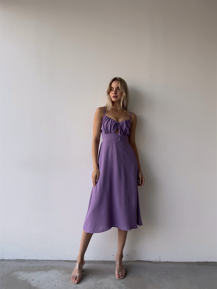 Askılı Yakası Büzgülü Bağcıklı Corinne Kadın Mor Midi Elbise 22Y000073