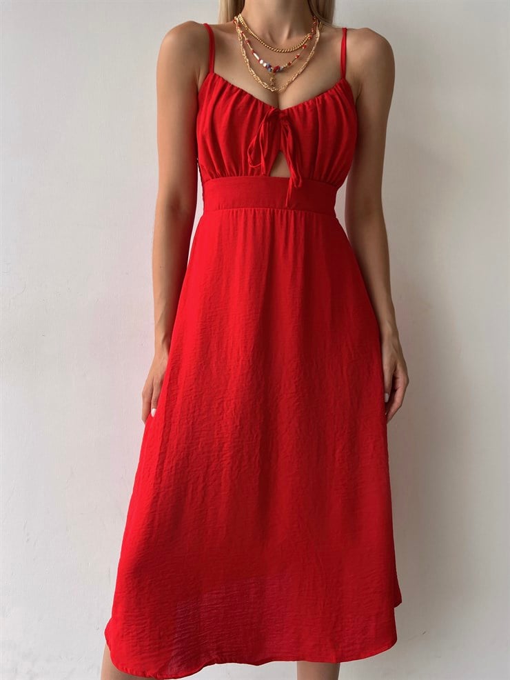 Askılı Yakası Büzgülü Bağcıklı Corinne Kadın Kırmızı Midi Elbise 22Y000073