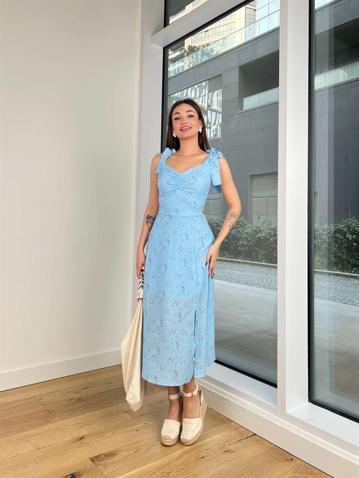 Askısı Bağlamalı Önü Büzgü Detaylı Nelma Kadın Mavi Elbise 24Y212