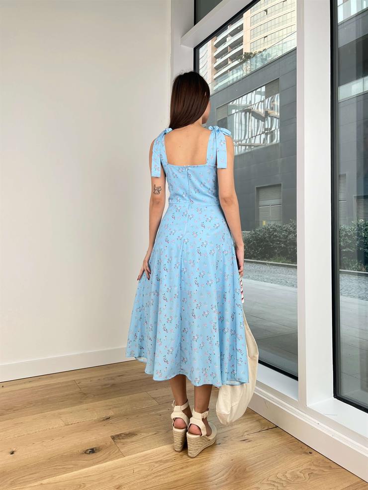 Askısı Bağlamalı Önü Büzgü Detaylı Nelma Kadın Mavi Elbise 24Y212