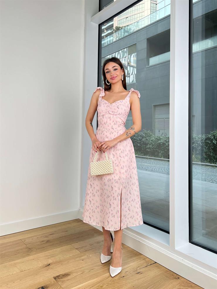 Askısı Bağlamalı Önü Büzgü Detaylı Nelma Kadın Pembe Elbise 24Y212