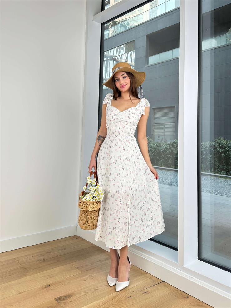 Askısı Bağlamalı Önü Büzgü Detaylı Nelma Kadın Ekru Elbise 24Y212