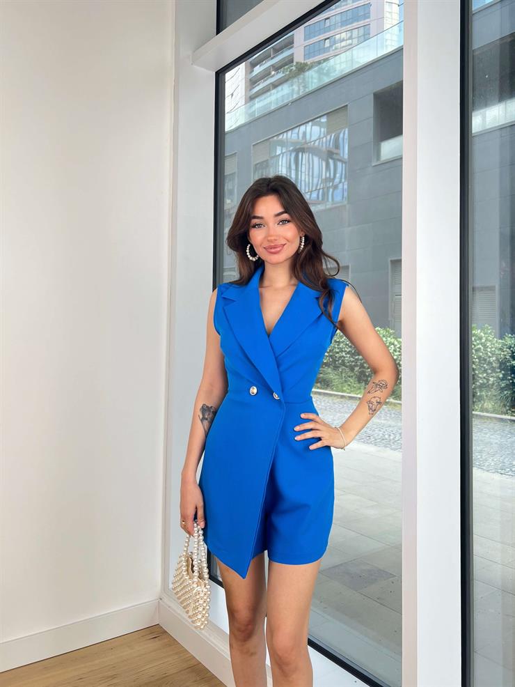 Kruvaze Yaka Düğme Detaylı Kolsuz Asrıd Kadın Mavi Şort Tulum 24Y624