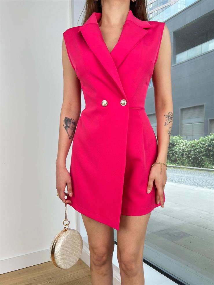 Kruvaze Yaka Düğme Detaylı Kolsuz Asrıd Kadın Fuşya Şort Tulum 24Y624