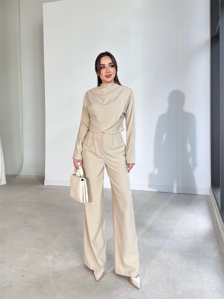 Kruvaze Kesim Drape Detaylı Yüksek Bel Pantolon Astrid Bej Kadın İkili Takım 26Y143