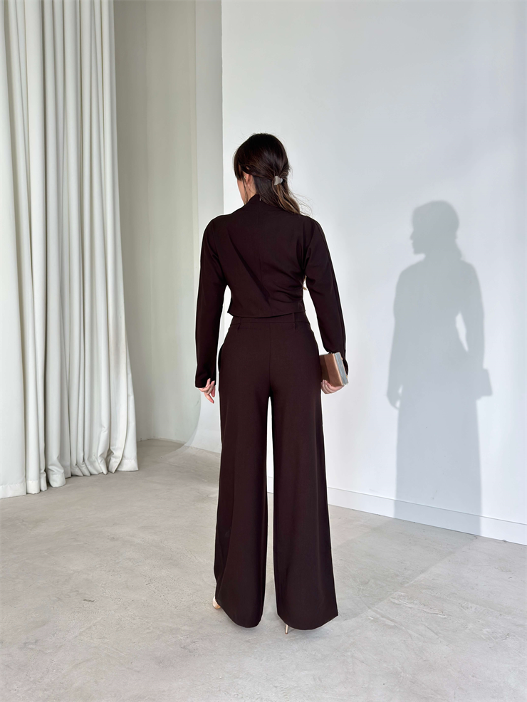 Kruvaze Kesim Drape Detaylı Yüksek Bel Pantolon Astrid Kahve Kadın İkili Takım 26Y143