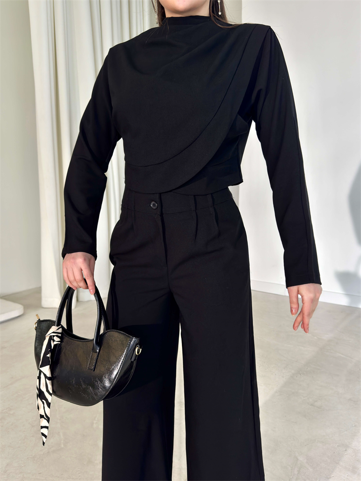 Kruvaze Kesim Drape Detaylı Yüksek Bel Pantolon Astrid Siyah Kadın İkili Takım 26Y143