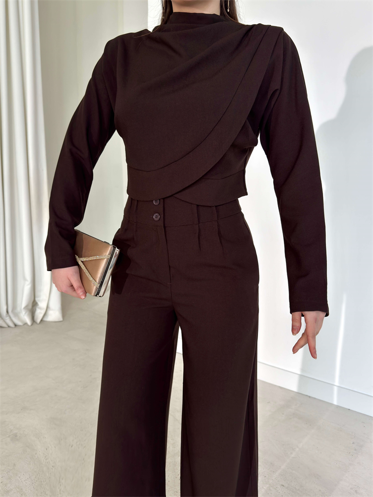 Kruvaze Kesim Drape Detaylı Yüksek Bel Pantolon Astrid Kahve Kadın İkili Takım 26Y143