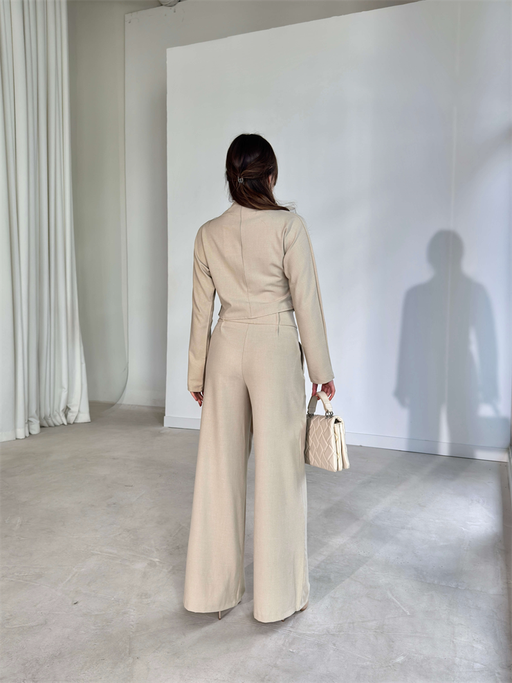 Kruvaze Kesim Drape Detaylı Yüksek Bel Pantolon Astrid Bej Kadın İkili Takım 26Y143
