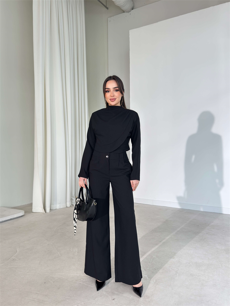 Kruvaze Kesim Drape Detaylı Yüksek Bel Pantolon Astrid Siyah Kadın İkili Takım 26Y143
