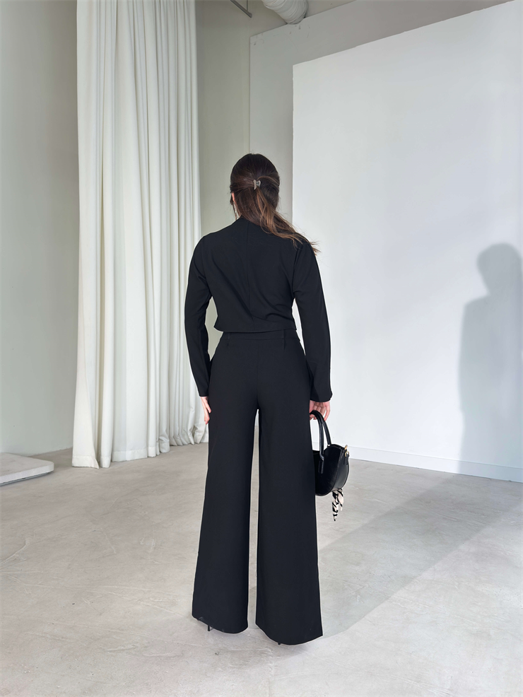 Kruvaze Kesim Drape Detaylı Yüksek Bel Pantolon Astrid Siyah Kadın İkili Takım 26Y143