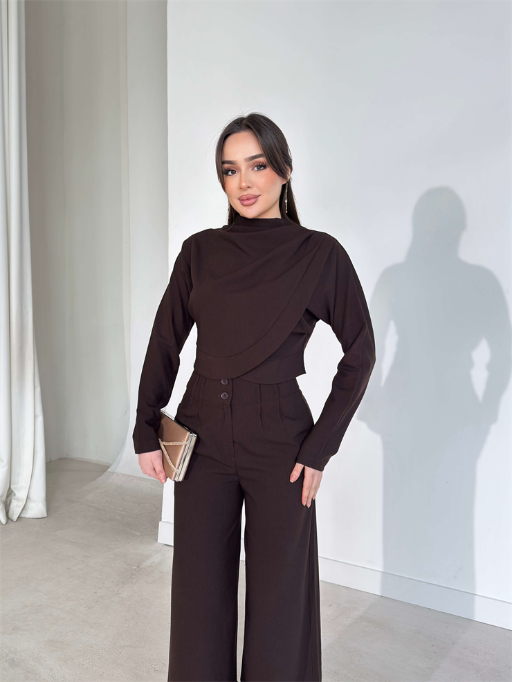 Kruvaze Kesim Drape Detaylı Yüksek Bel Pantolon Astrid Kahve Kadın İkili Takım 26Y143