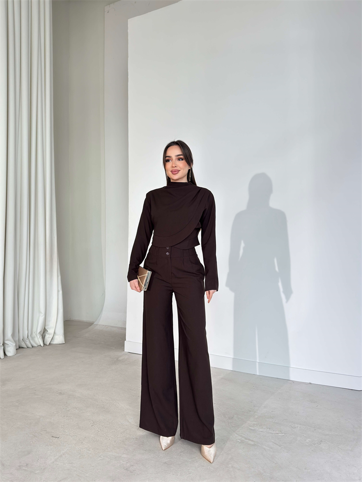 Kruvaze Kesim Drape Detaylı Yüksek Bel Pantolon Astrid Kahve Kadın İkili Takım 26Y143