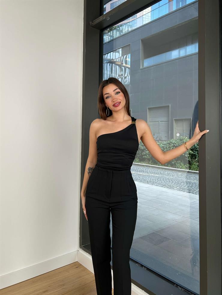 Tek Omuzlu Aksesuarlı Drape Detaylı Atenna Kadın Siyah Bluz 24Y009