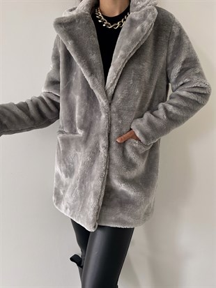 Önü Çıtçıt Kapamalı Yanları Cepli Audrey Kadın Gri Peluş Mont 22K000252