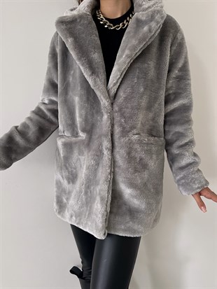 Önü Çıtçıt Kapamalı Yanları Cepli Audrey Kadın Gri Peluş Mont 22K000252
