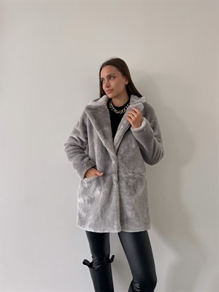 Önü Çıtçıt Kapamalı Yanları Cepli Audrey Kadın Gri Peluş Mont 22K000252