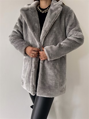 Önü Çıtçıt Kapamalı Yanları Cepli Audrey Kadın Gri Peluş Mont 22K000252