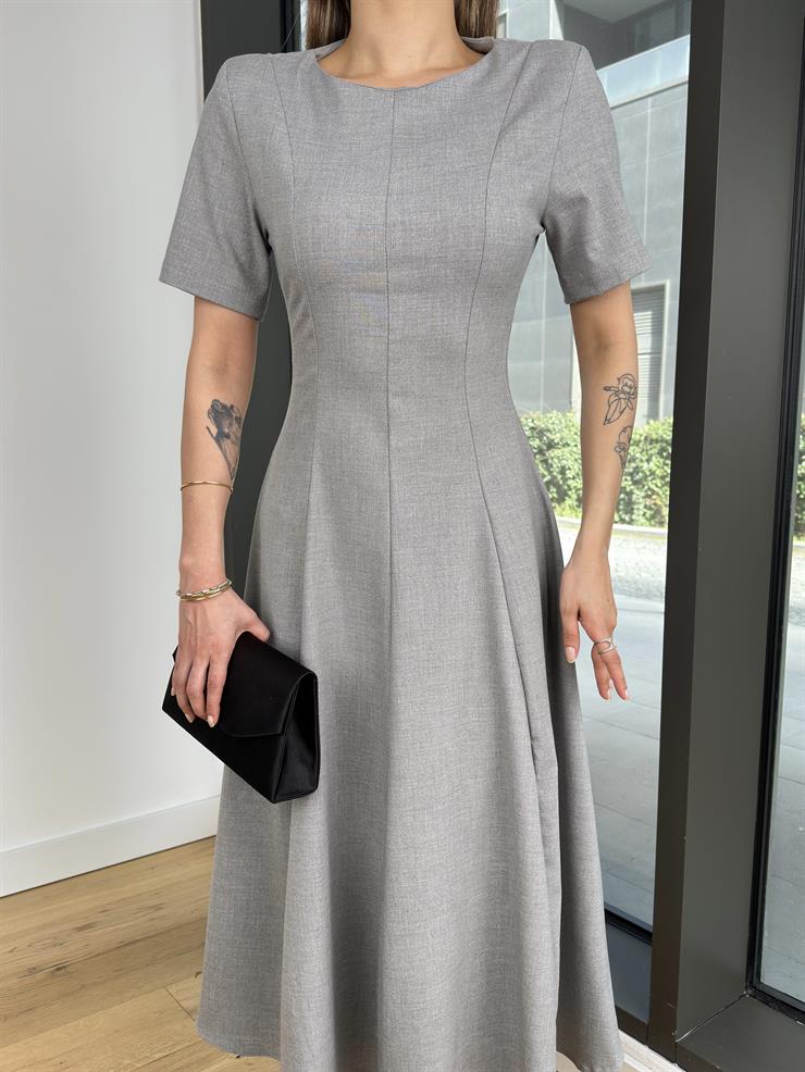 Yuvarlak Yaka Kısa Kol Augustin Gri Kadın Elbise 25Y126