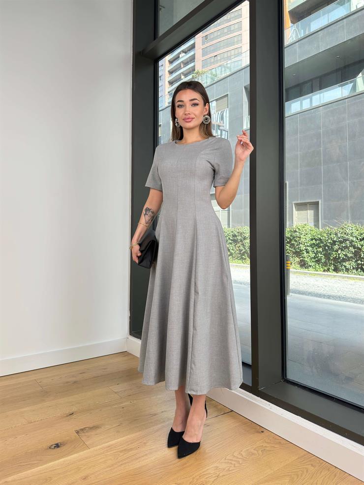 Yuvarlak Yaka Kısa Kol Augustin Gri Kadın Elbise 25Y126