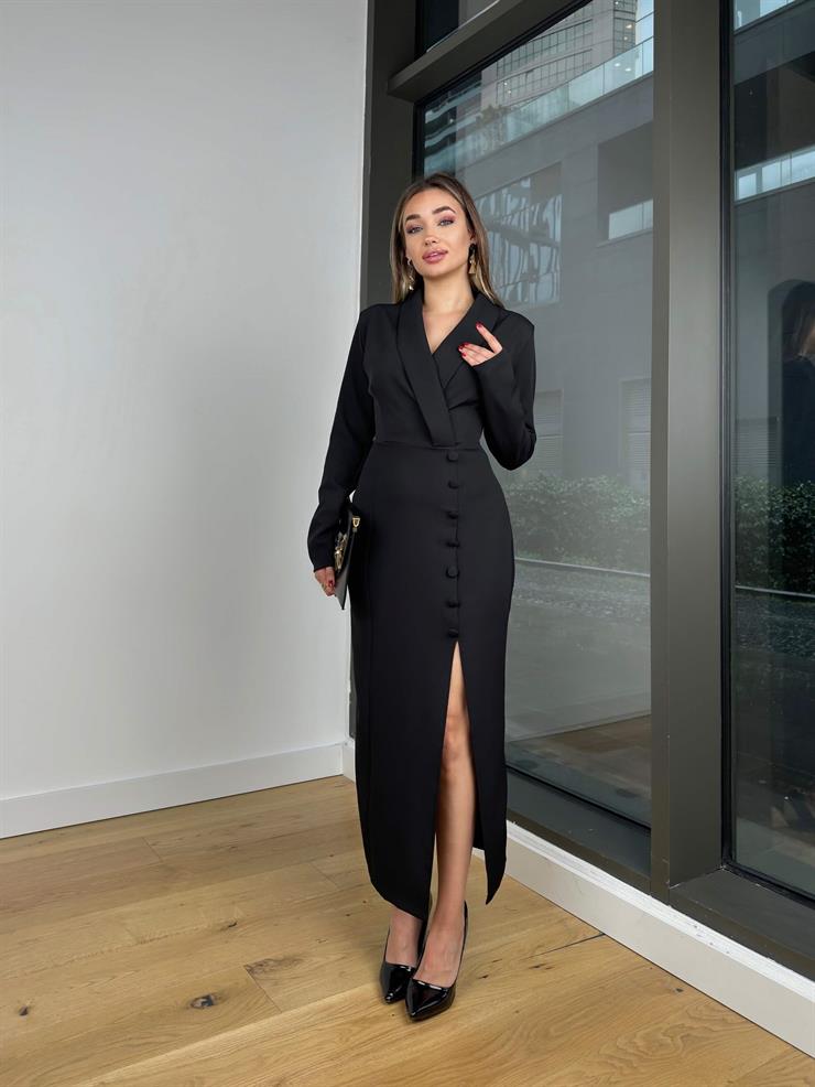 Kruvaze Yaka Uzun Kol Düğme Detaylı Yırtmaçlı Auria Siyah Kadın Elbise 25K472