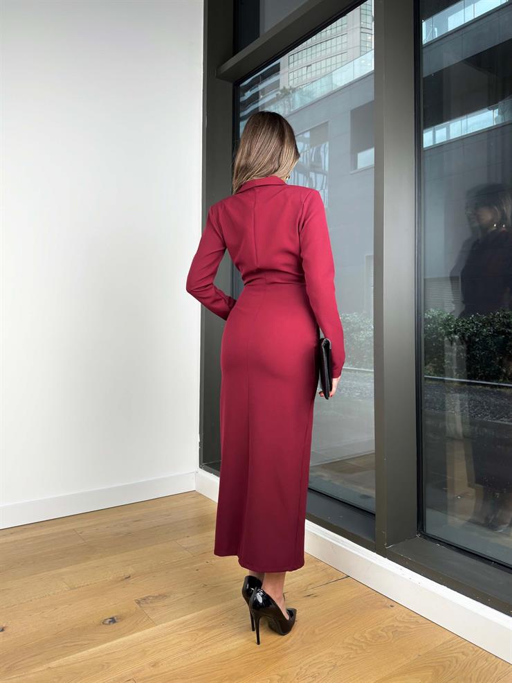 Kruvaze Yaka Uzun Kol Düğme Detaylı Yırtmaçlı Auria Bordo Kadın Elbise 25K472