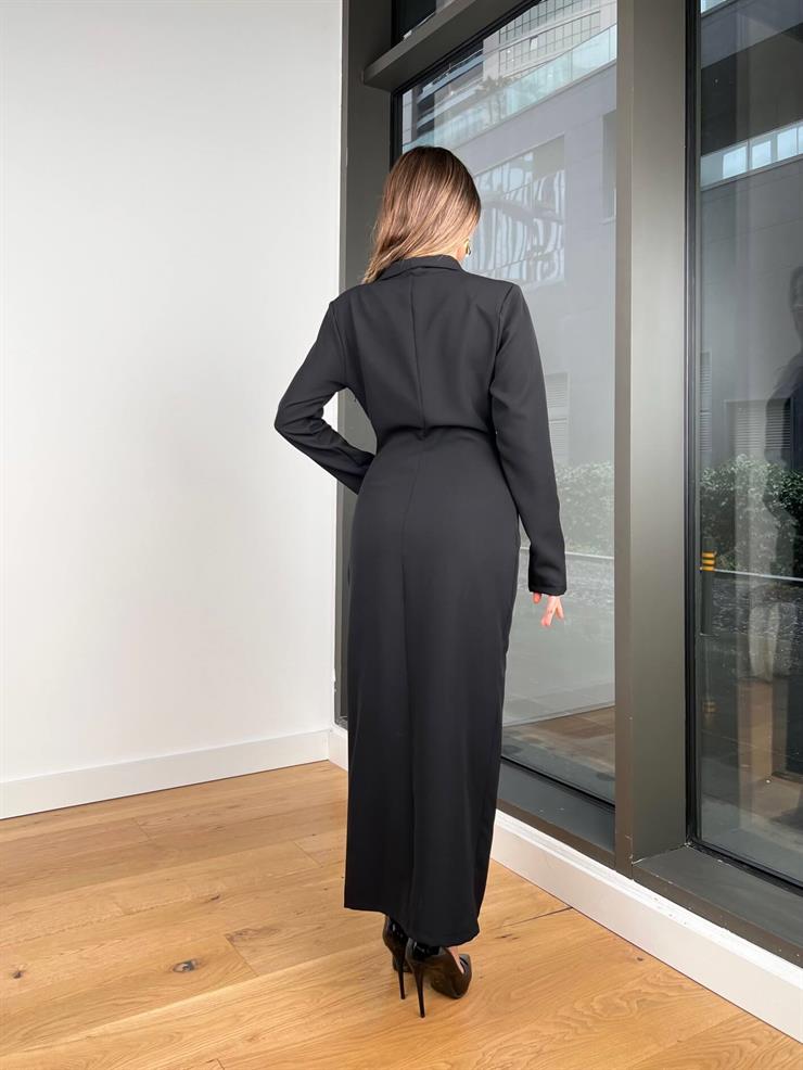 Kruvaze Yaka Uzun Kol Düğme Detaylı Yırtmaçlı Auria Siyah Kadın Elbise 25K472
