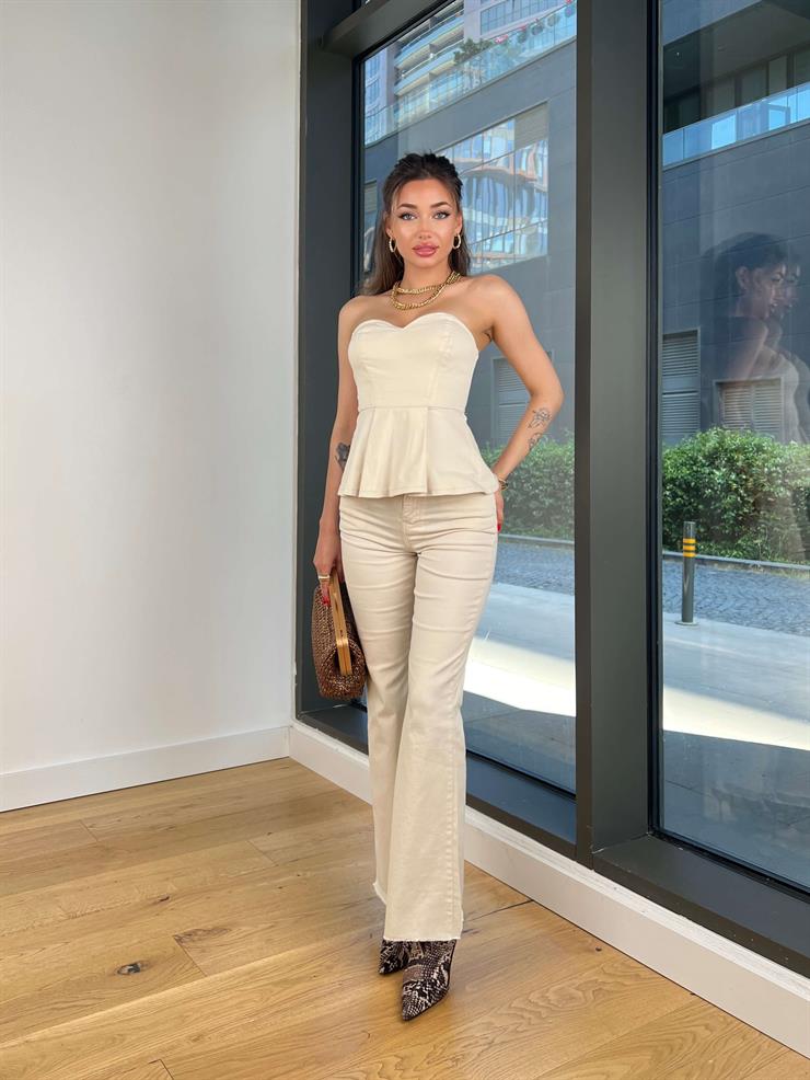 Straplez Fırfırlı Bluz İspanyol Paça Pantolon Aurle Taş Kadın Takım 25Y412