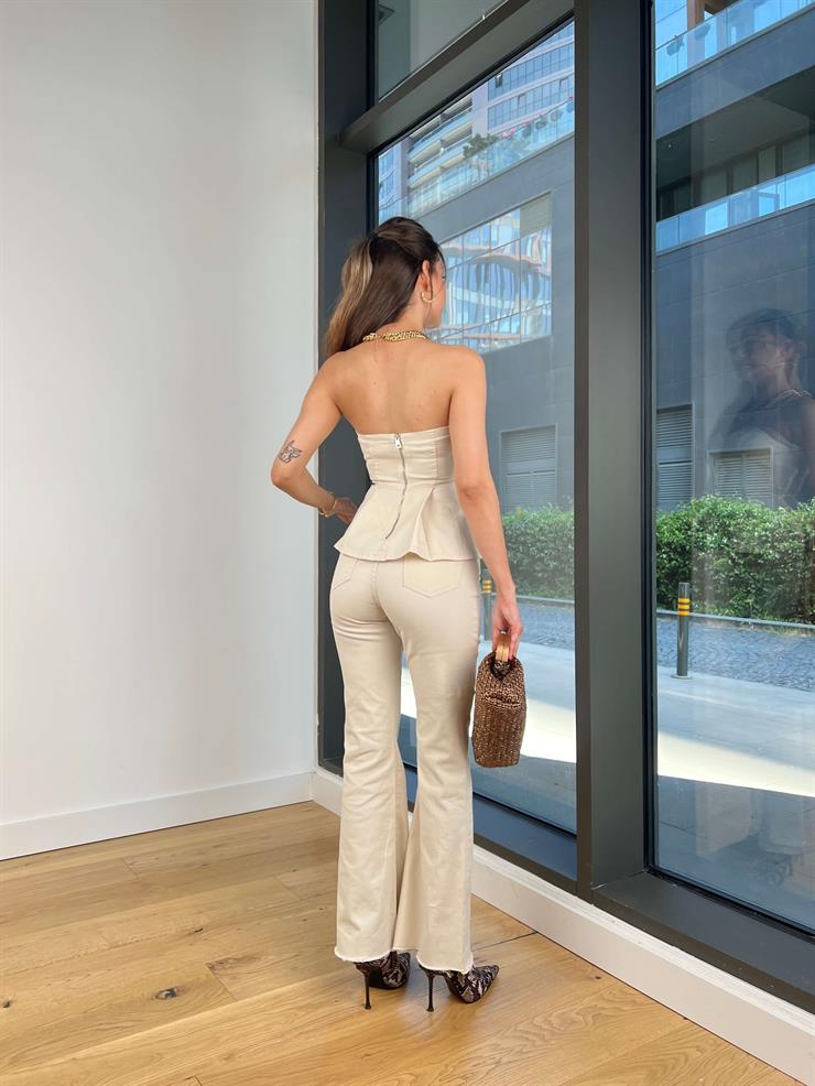 Straplez Fırfırlı Bluz İspanyol Paça Pantolon Aurle Taş Kadın Takım 25Y412