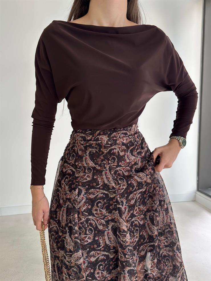 Kayık Yaka Uzun Kollu Ava Kahve Kadın Bluz 26K369