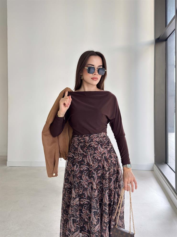 Kayık Yaka Uzun Kollu Ava Kahve Kadın Bluz 26K369