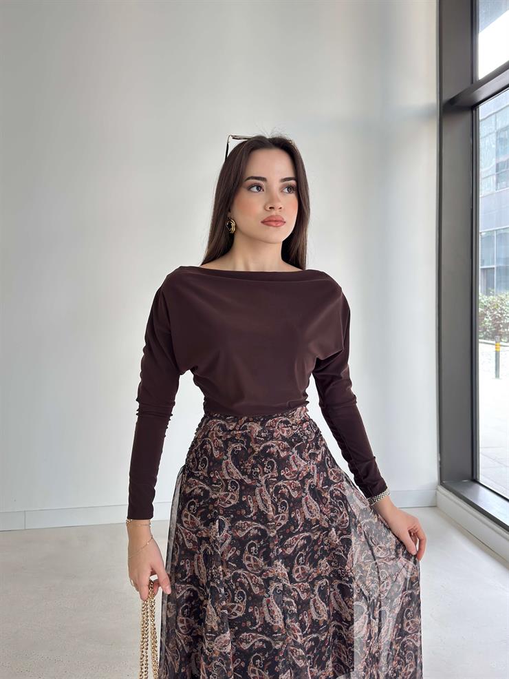 Kayık Yaka Uzun Kollu Ava Kahve Kadın Bluz 26K369