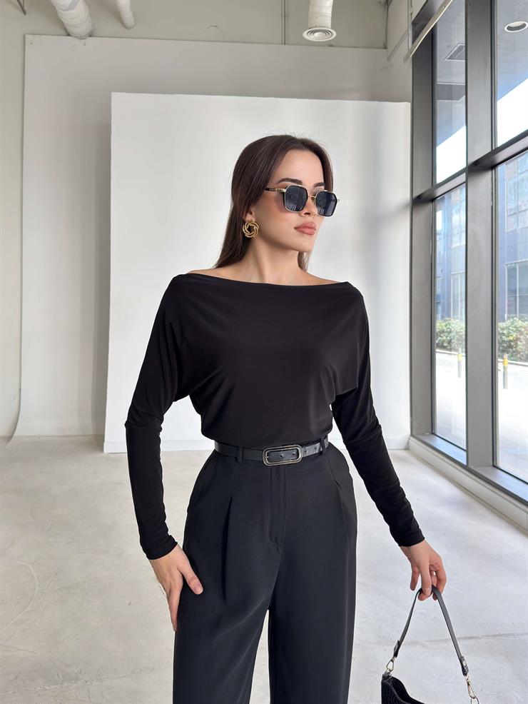 Kayık Yaka Uzun Kollu Ava Siyah Kadın Bluz 26K369