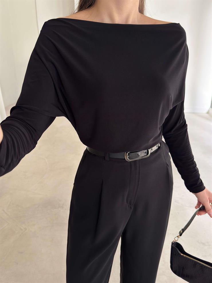 Kayık Yaka Uzun Kollu Ava Siyah Kadın Bluz 26K369