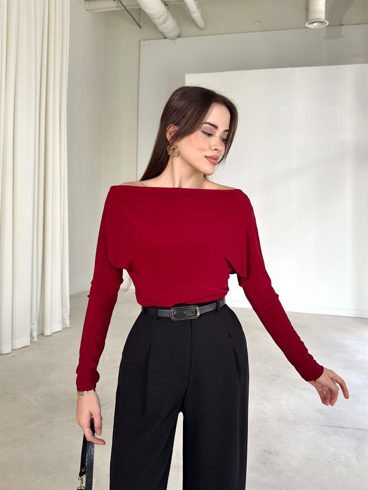 Kayık Yaka Uzun Kollu Ava Bordo Kadın Bluz 26K369