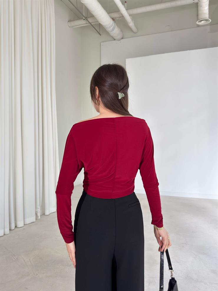 Kayık Yaka Uzun Kollu Ava Bordo Kadın Bluz 26K369