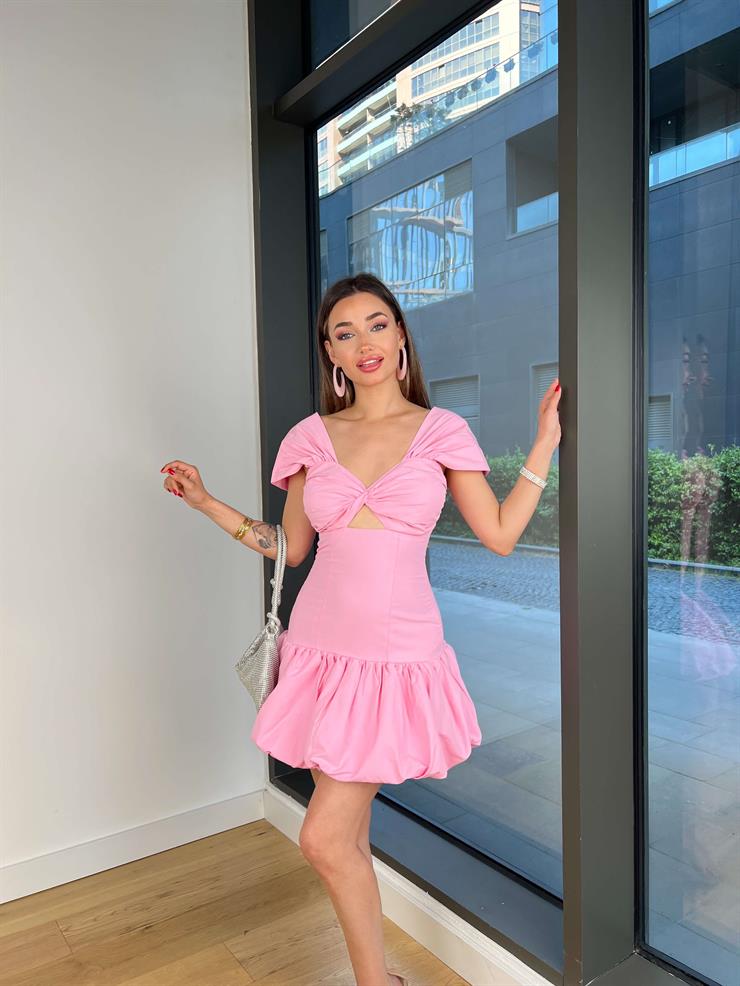 Göğüs Kısmı Büzgülü Balon Etek Avelis Pembe Kadın Mini Elbise 25Y367