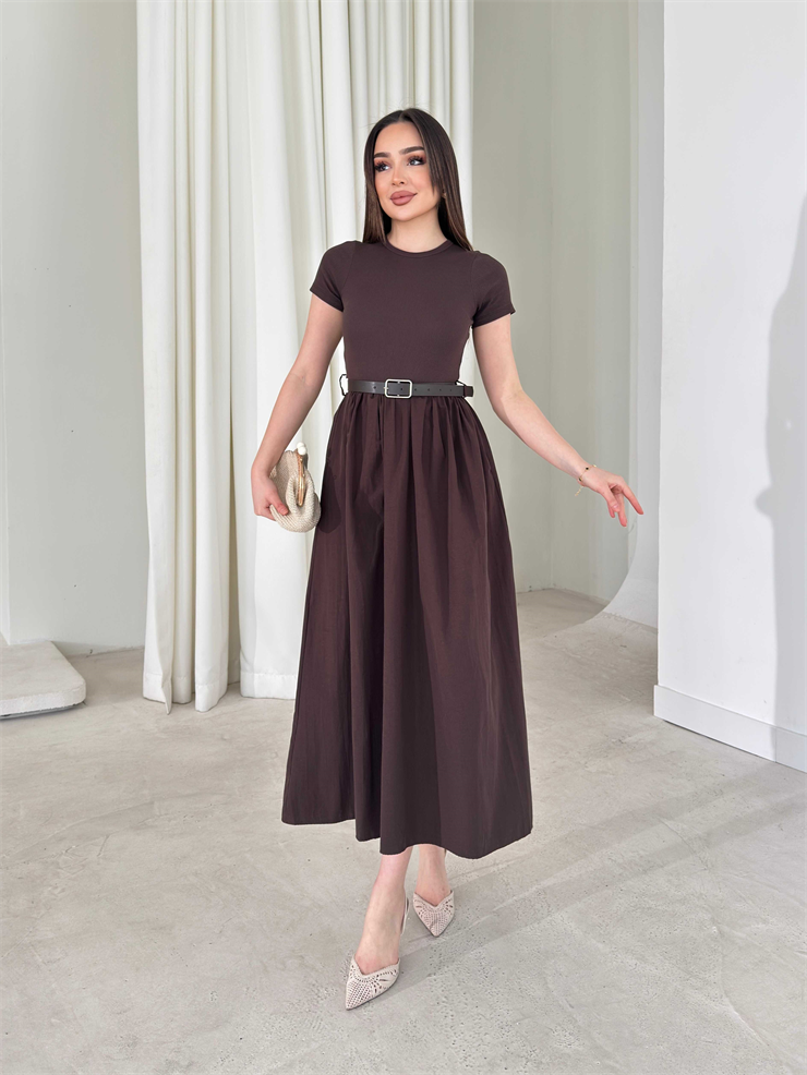 Kemerli Kısa Kollu Belden Oturtmalı Kahverengi Avery Kadın Elbise 26Y162